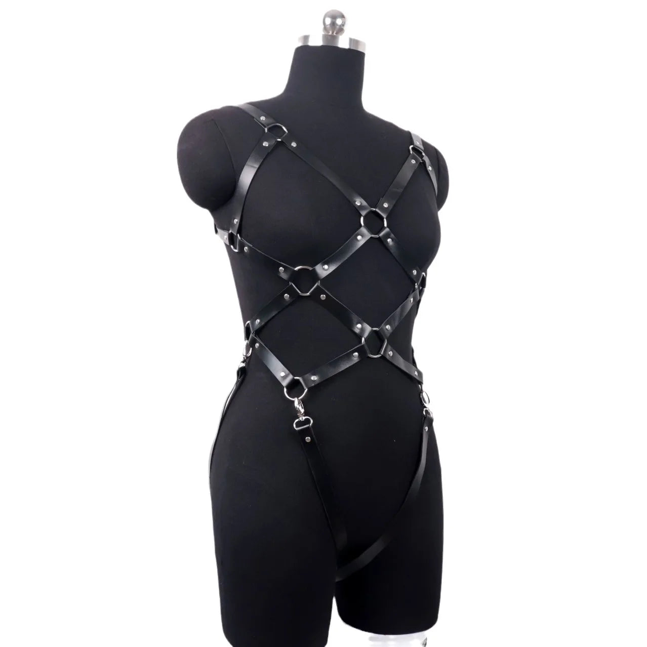 Black Premium Leather Harness Bodysuit Set