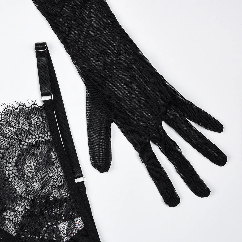 Black Sheer Lace Ruffle Skirt Lingerie Set