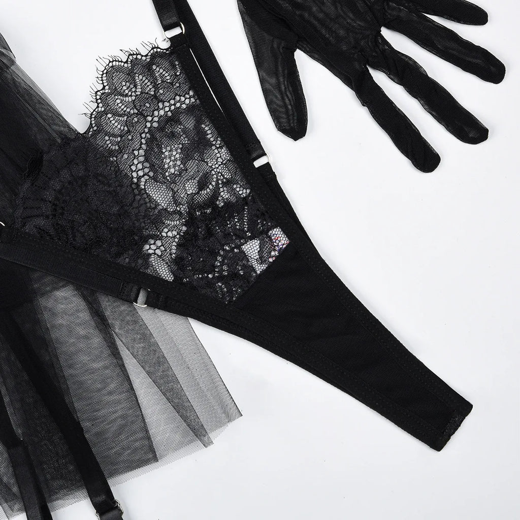 Black Sheer Lace Ruffle Skirt Lingerie Set