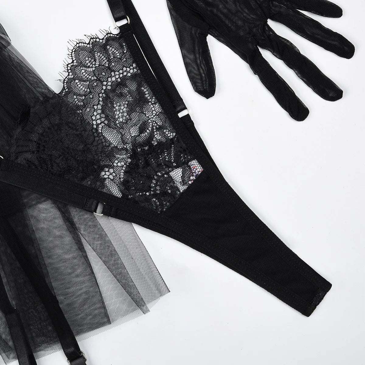 Black Sheer Lace Ruffle Skirt Lingerie Set