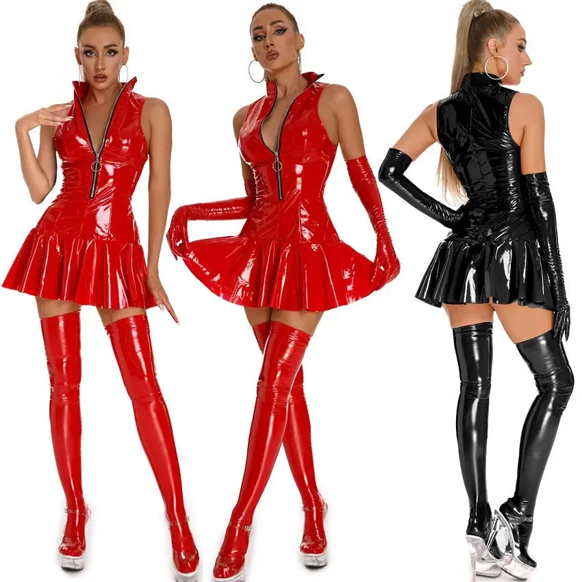 Glossy PVC Mini Dress with Zipper
