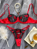 Red Sheer Floral Lace Lingerie Set
