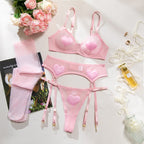 Sheer Heart Mesh Bra & Garter Lingerie Set