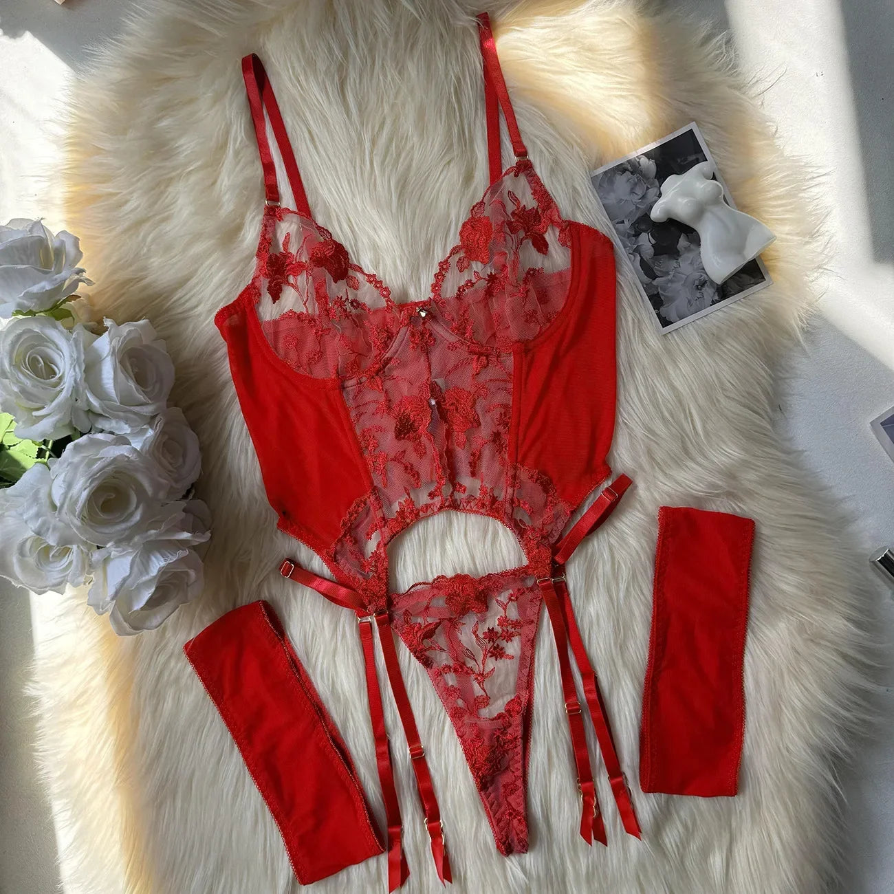 Sheer Mesh Bra & Lace Thong Set