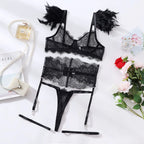 Lace Lingerie Set with Feather Trim