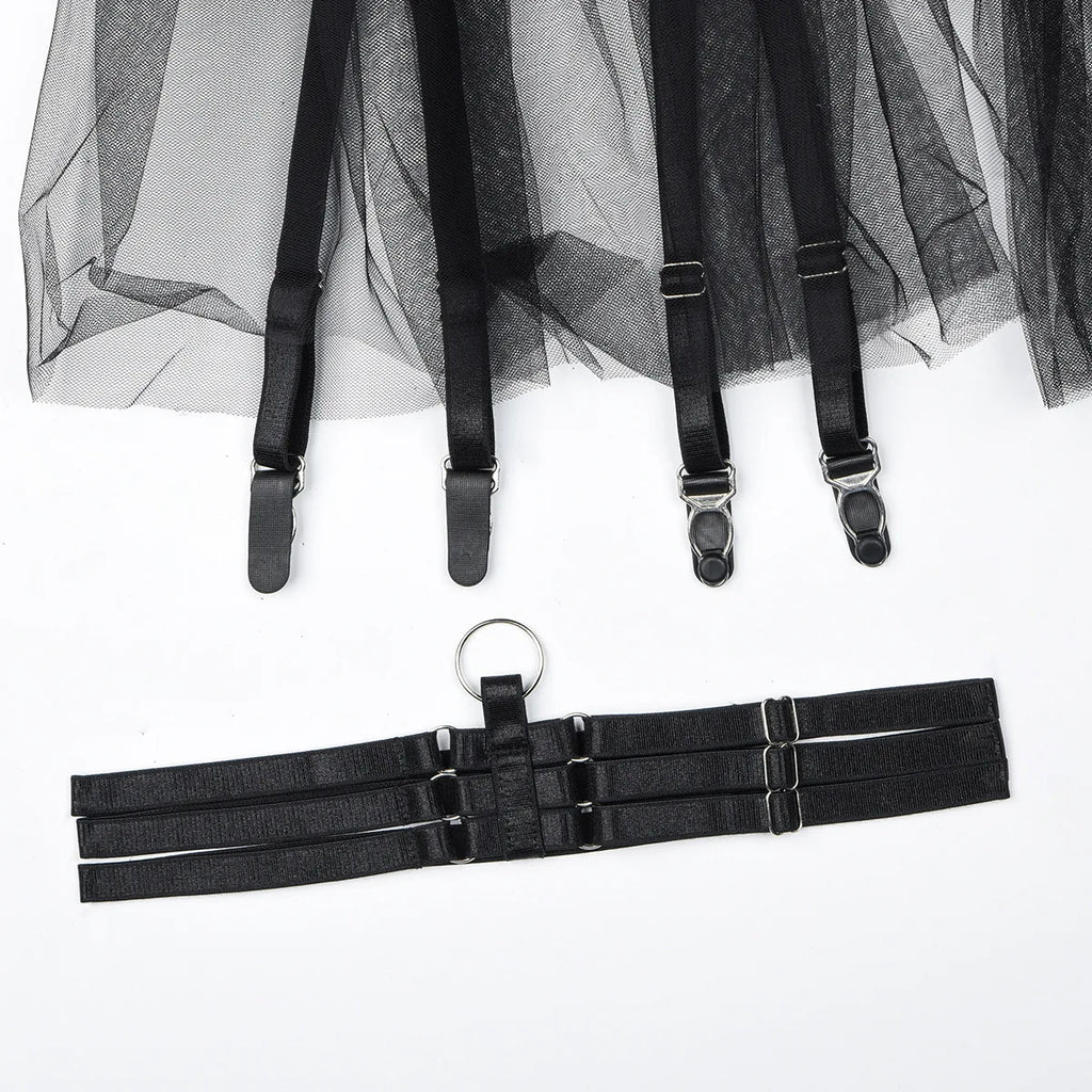 Black Sheer Lace Ruffle Skirt Lingerie Set