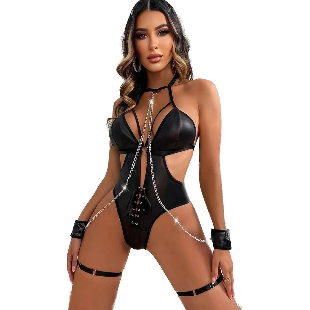 Black Faux Leather Catsuit Bodysuit Set