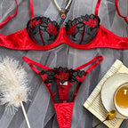 Red Sheer Floral Lace Lingerie Set