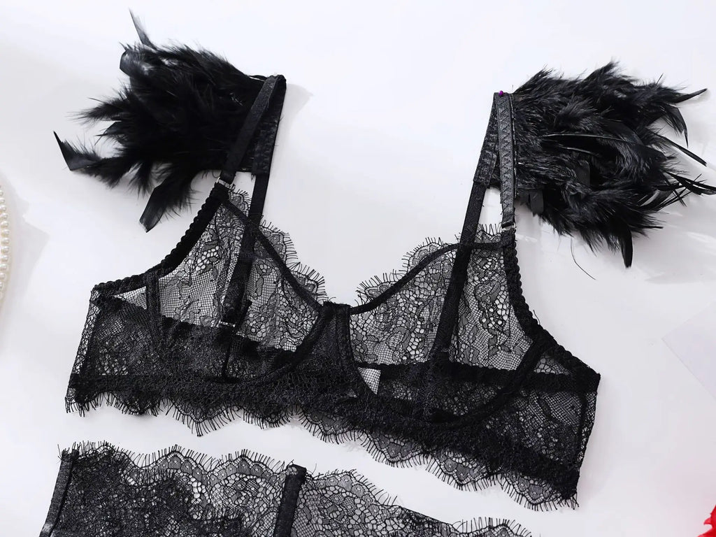 Lace Lingerie Set with Feather Trim