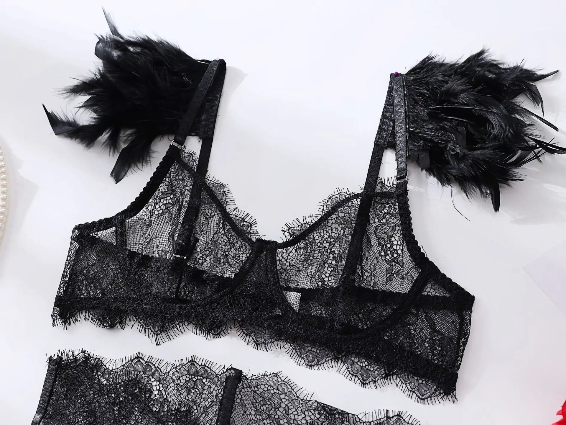 Lace Lingerie Set with Feather Trim