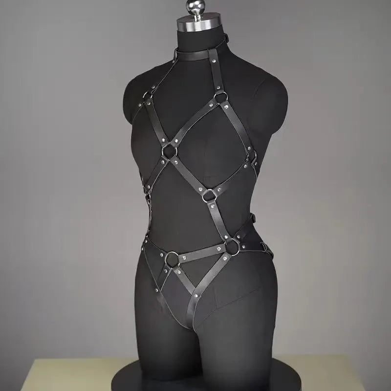 Black Premium Leather Harness Bodysuit Set
