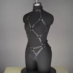 Black Premium Leather Harness Bodysuit Set