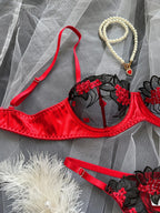 Red Sheer Floral Lace Lingerie Set