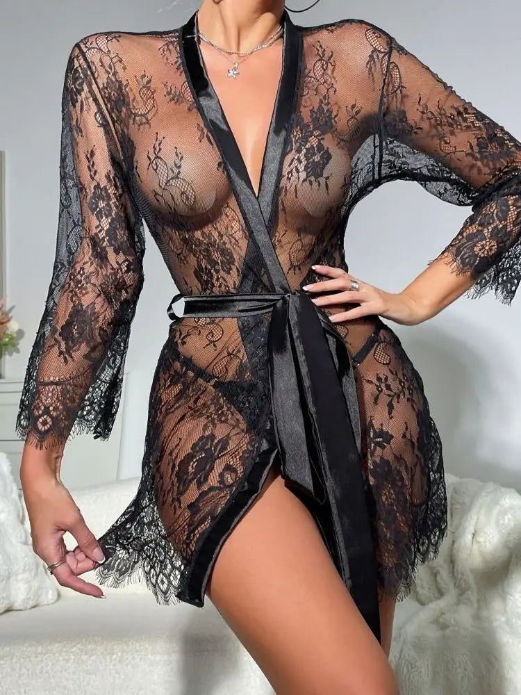 Sheer Lace Kimono Robe