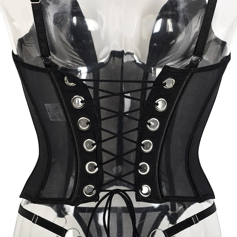 Black Lace-Up Mesh Bodysuit & Corset Set