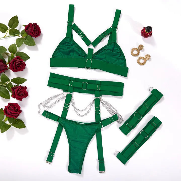 Black Chain Detail Push-Up Bra & Garter Set