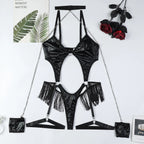 Black Leather Role Play Bodysuit Set