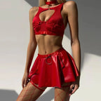 Leather Plunge Bra & Skirt Lingerie Set