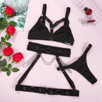 Black Chain Detail Push-Up Bra & Garter Set