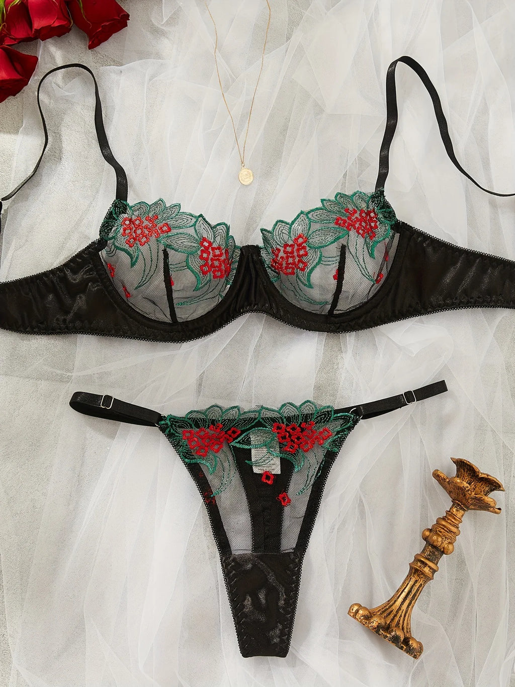 Red Sheer Floral Lace Lingerie Set