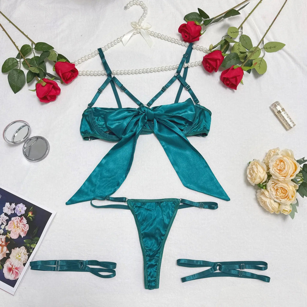 Satin Bra & Lace-Up Underwear Set