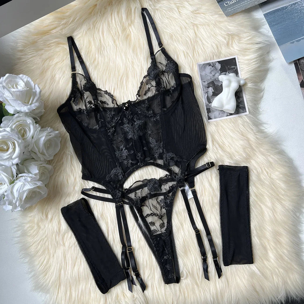 Sheer Mesh Bra & Lace Thong Set